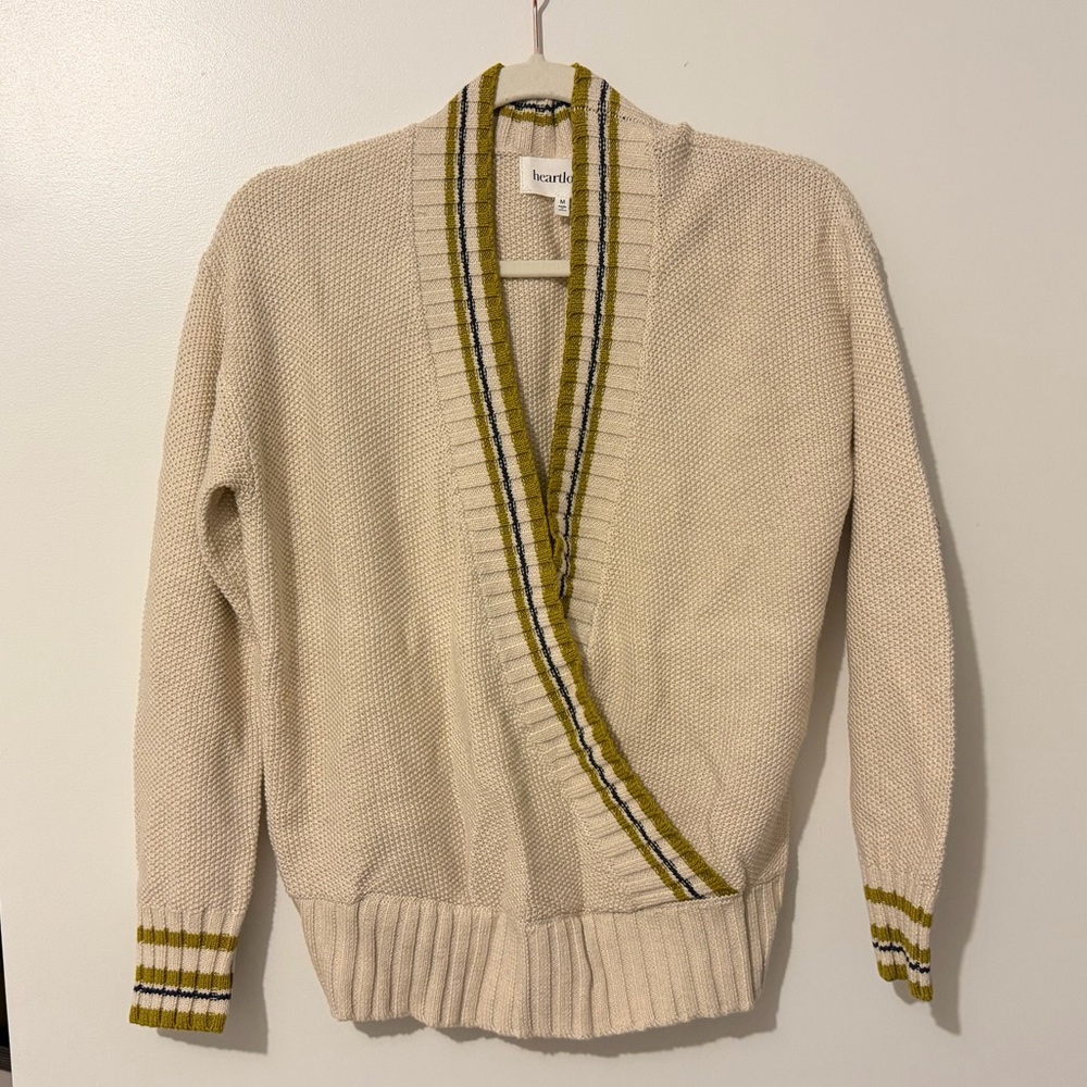 Heartloom Cream Knit V Neck Varsity Sweater with Olive Stripe